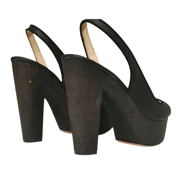 PRADA Black Pumps Platforms Sandals Slingback Fabric Brown Cork Heels Sz 36.5 - Picture 6 of 9